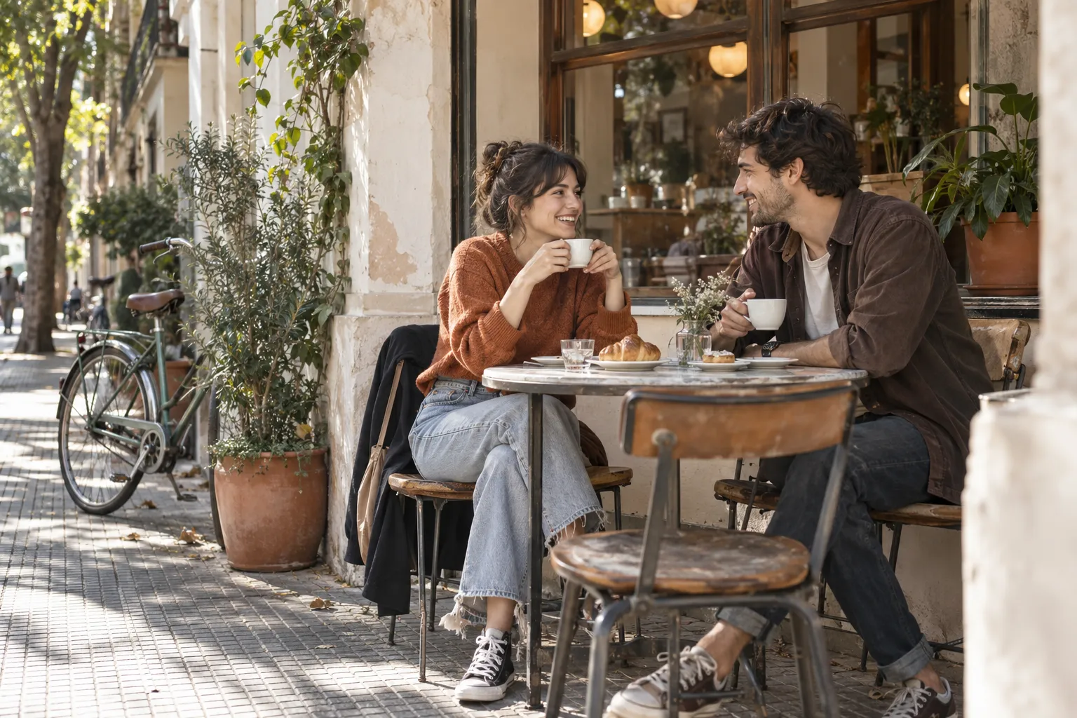 Dos personas comparten un café en la vereda de un barrio.