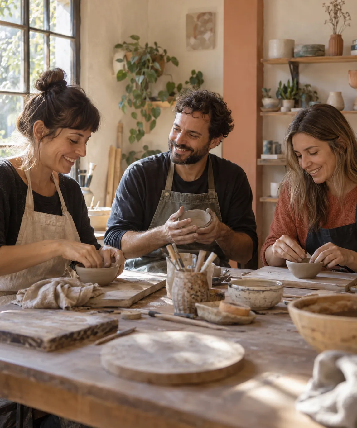 Tres personas disfrutan de un taller de cerámica compartido.